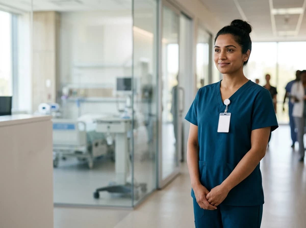 Individual healthcare professional, confident and natural, with space around the subject