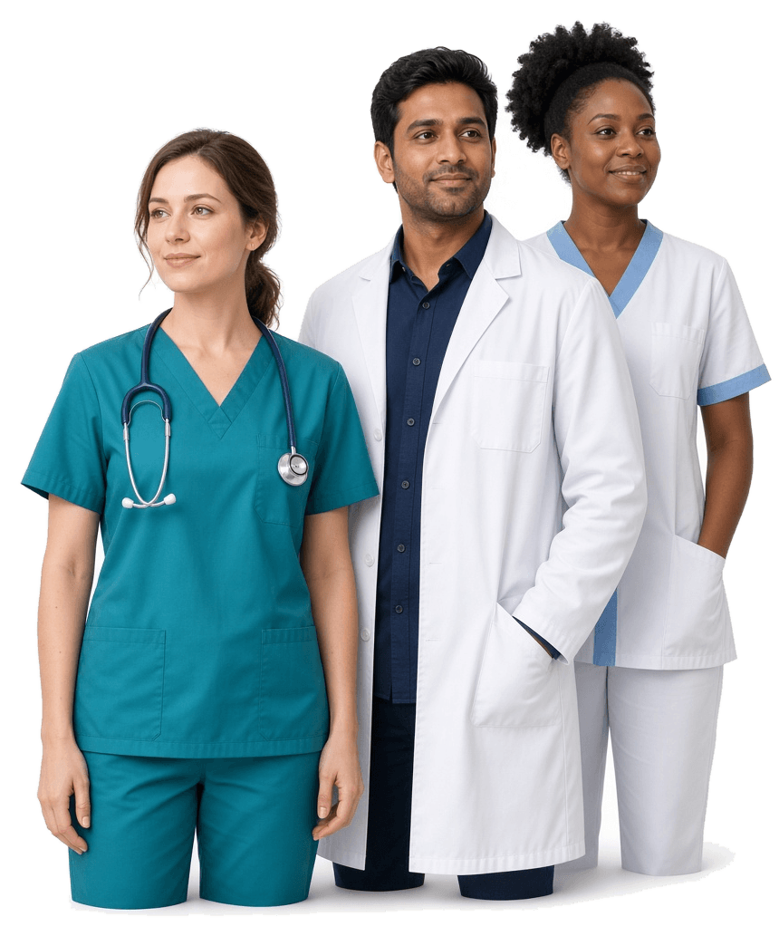 A diverse international healthcare team in a modern clinical environment